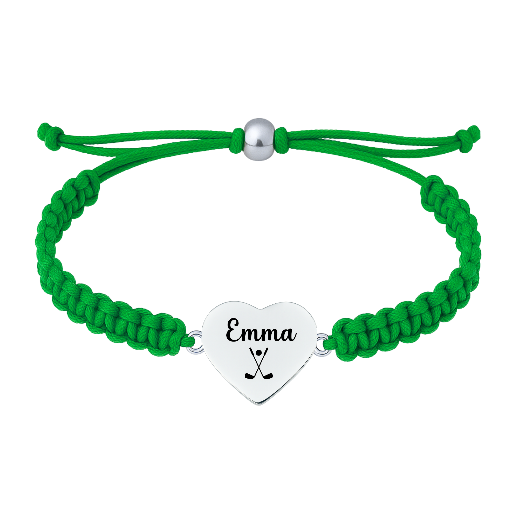 Kelly green rope bracelet with plain stainless golf heart charm