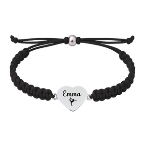 Black bracelet with engraved gymnast heart charm, adjustable slip knot