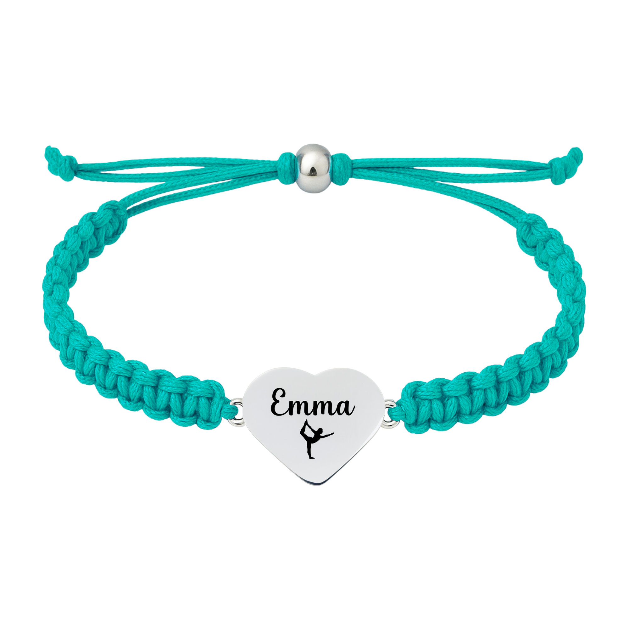 Turquoise teal braided rope bracelet with stainless steel heart charm engraved and a gymnast silhouette