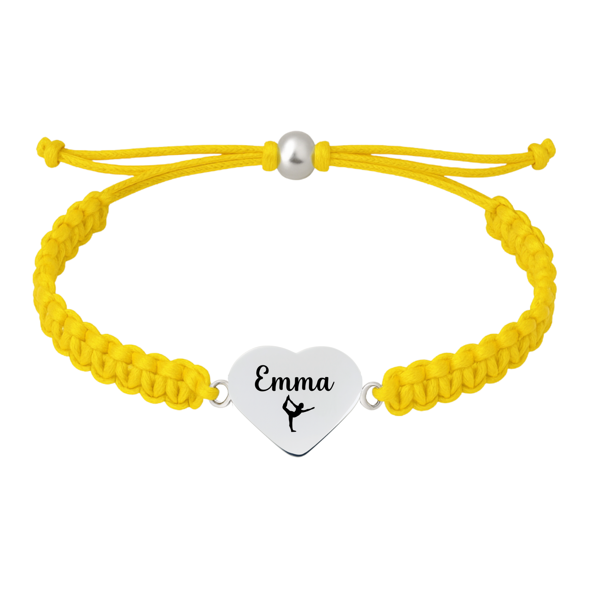 Yellow bracelet with silver heart charm engraved name and a gymnast figure