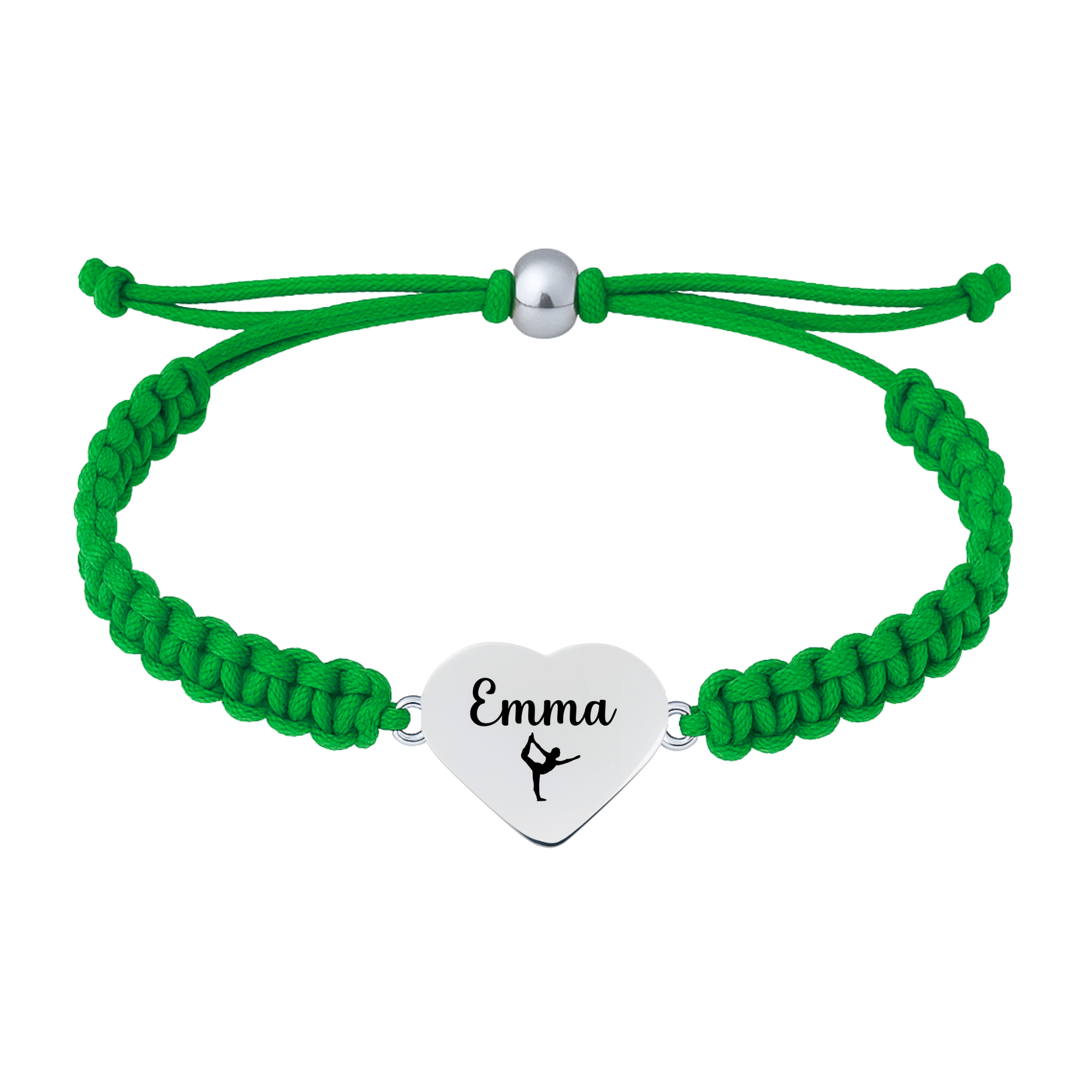 Green bracelet with gymnast heart charm in polished silver