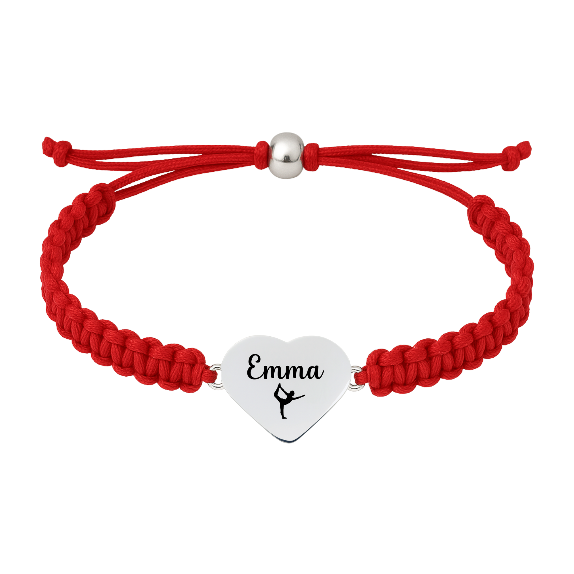 Red bracelet with custom engraved stainless steel gymnastics charm