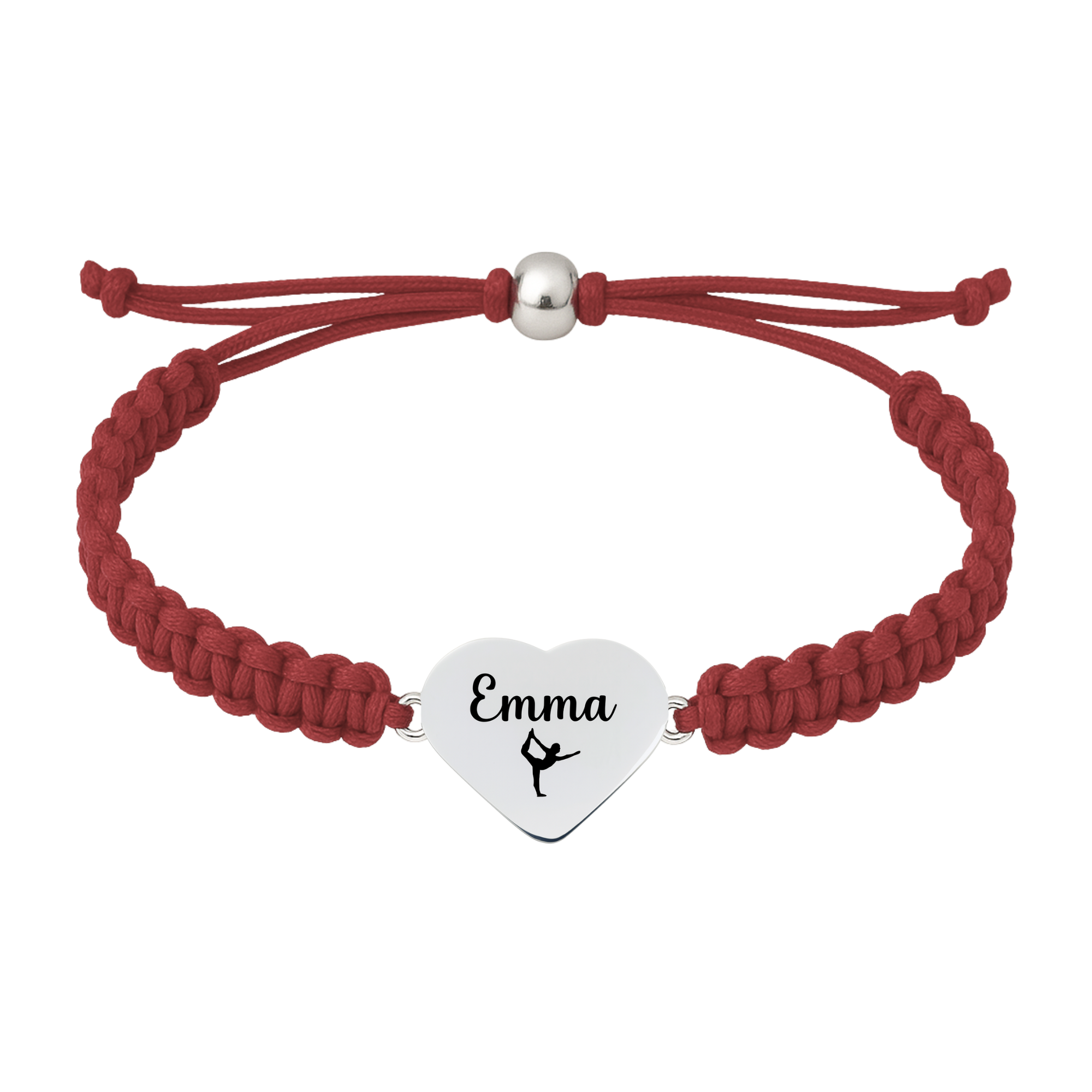 Maroon bracelet with engraved gymnastics charm and adjustable slip closure