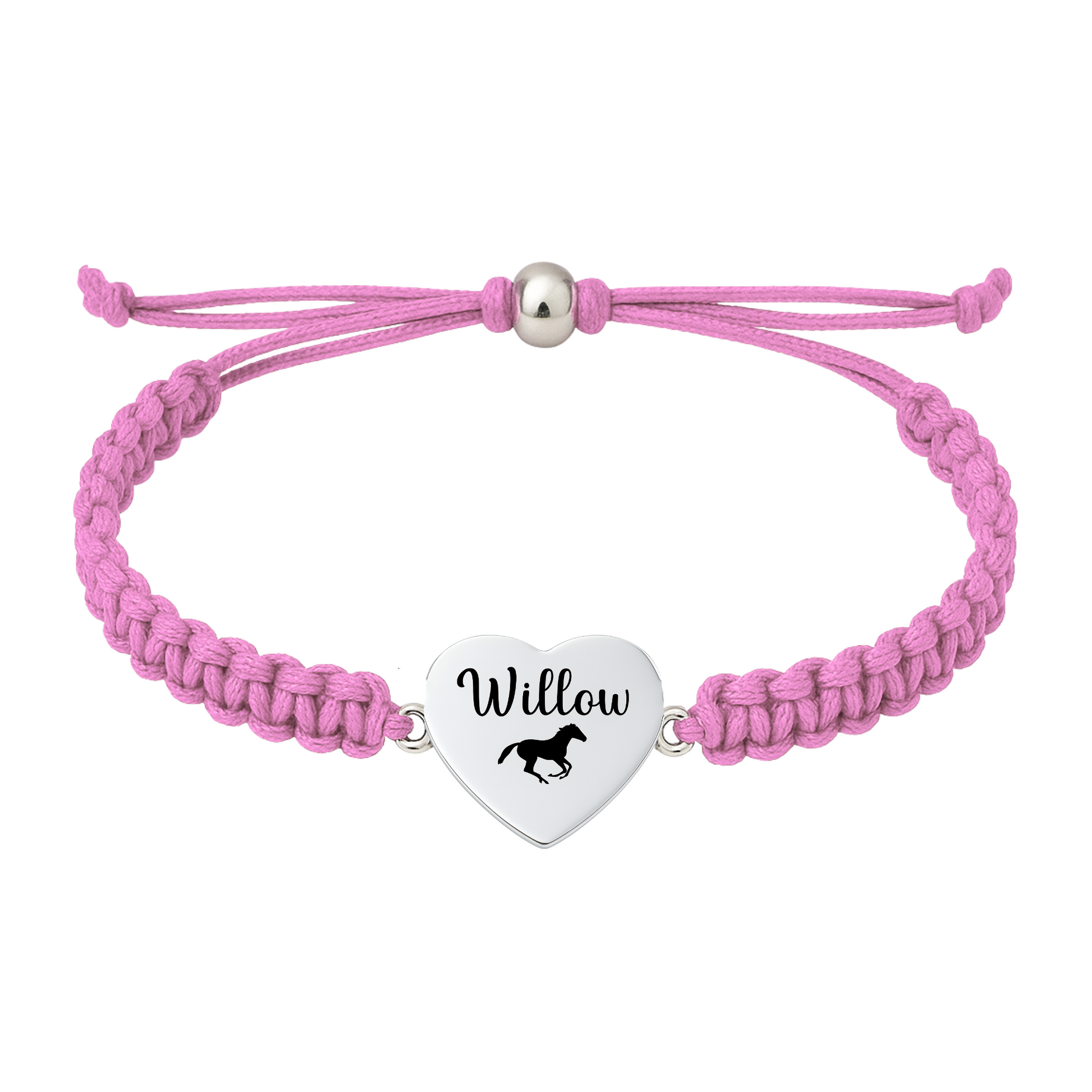 Light pink rope bracelet with horse heart charm engraved with name