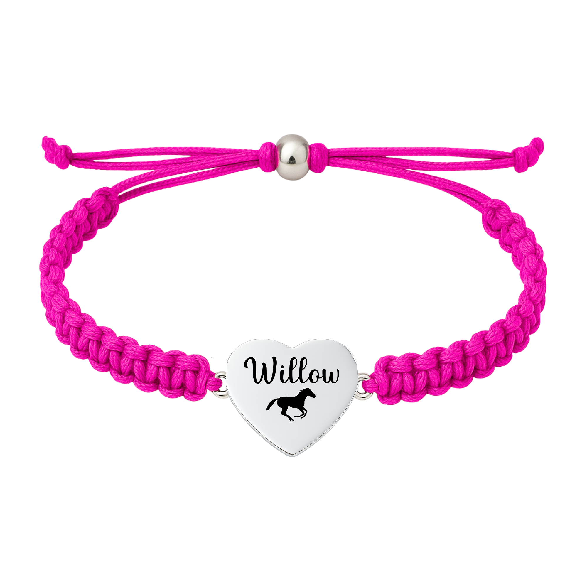 Hot pink rope bracelet with horse charm and name engraving