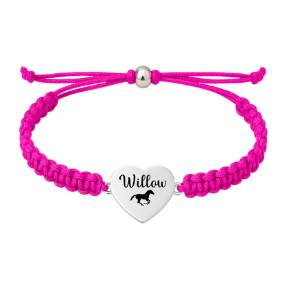 Hot pink rope bracelet with horse charm and name engraving