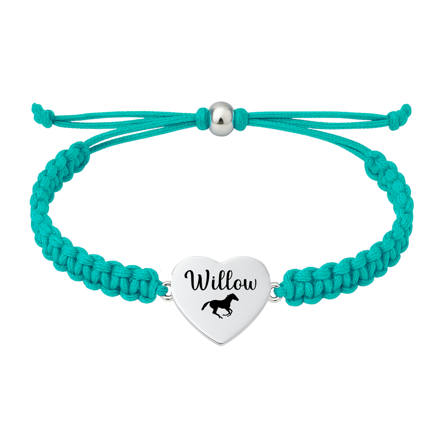 Teal rope horse bracelet with name engraved on heart charm