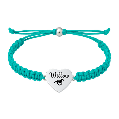 Teal rope horse bracelet with name engraved on heart charm