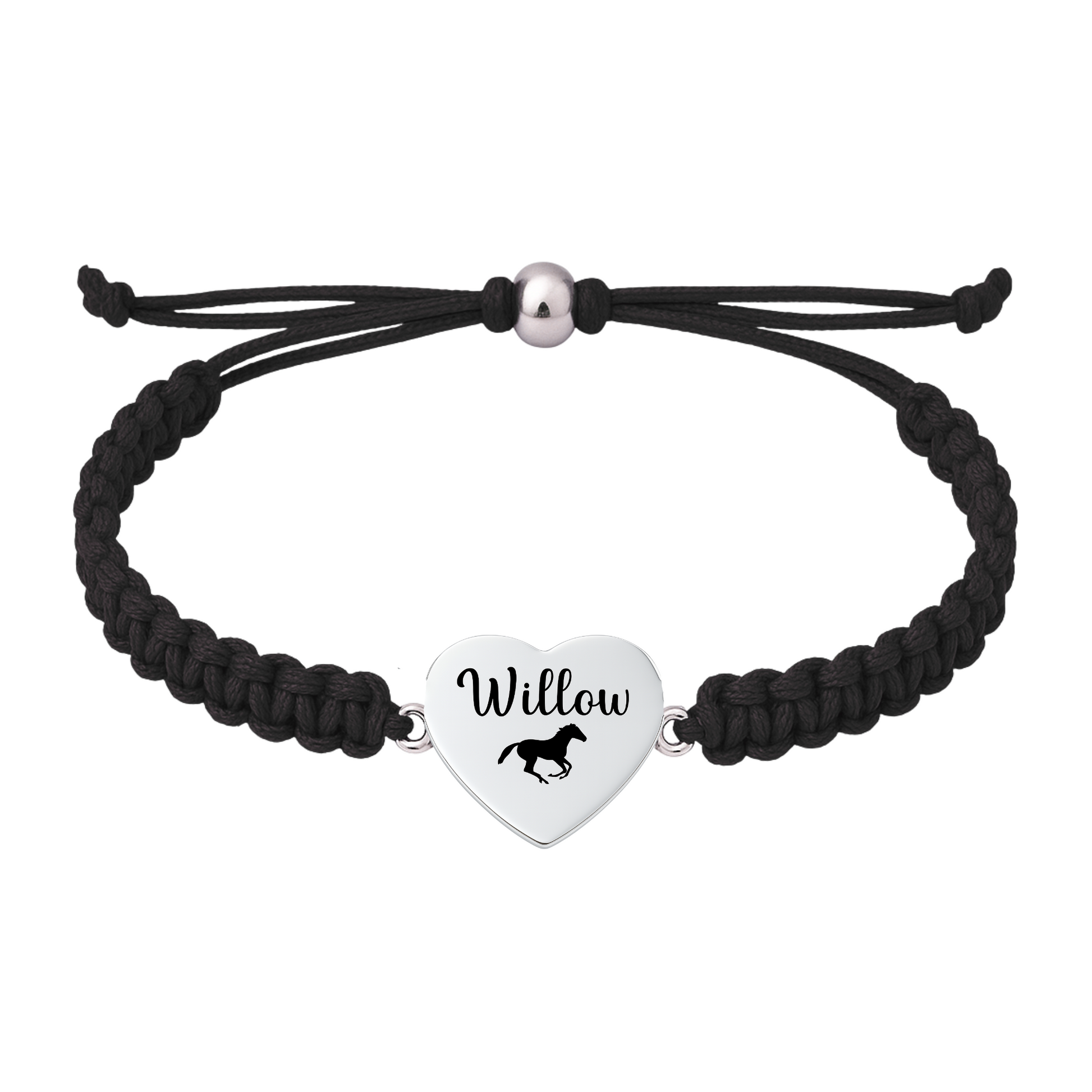 Black rope bracelet with horse charm engraved names