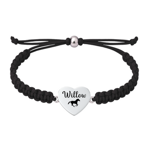 Black rope bracelet with horse charm engraved names
