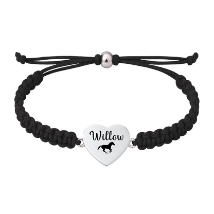 Black rope bracelet with horse charm engraved names