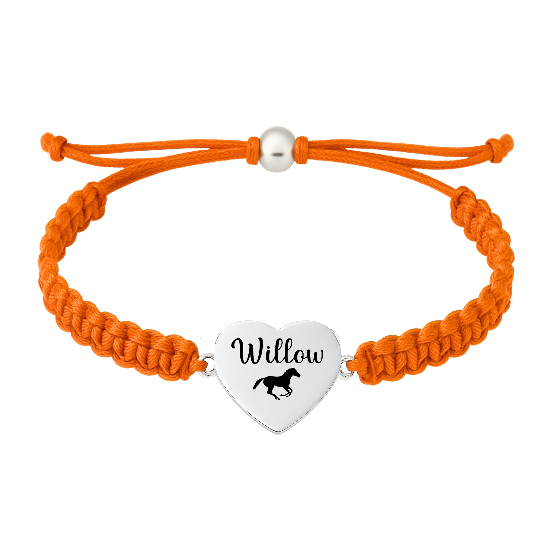 Orange rope bracelet with horse charm engraved text