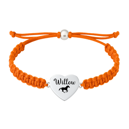 Orange rope bracelet with horse charm engraved text