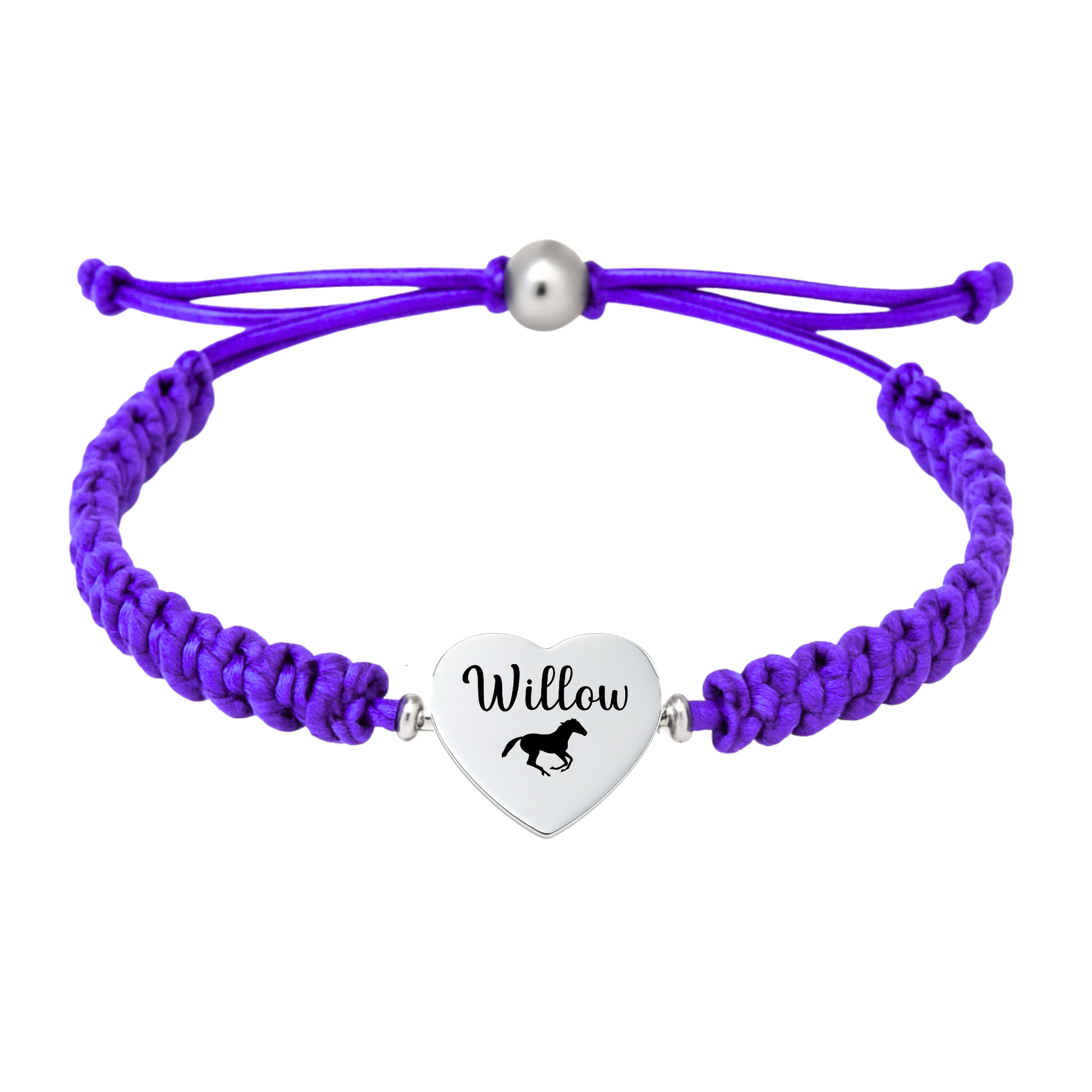Purple rope bracelet with name engraved on horse heart charm