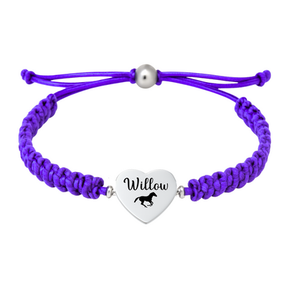 Purple rope bracelet with name engraved on horse heart charm