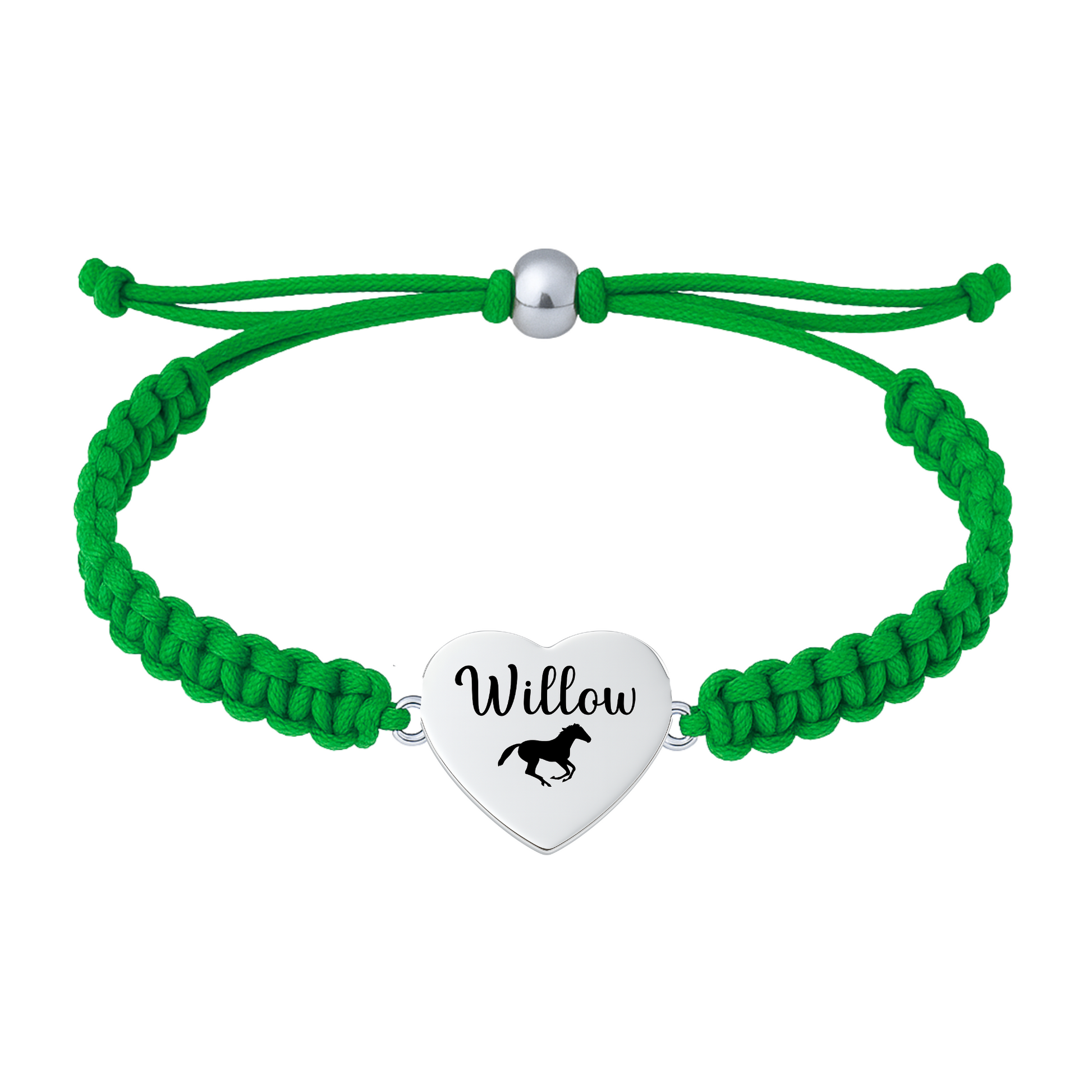 Kelly green rope bracelet with horse charm engraved name