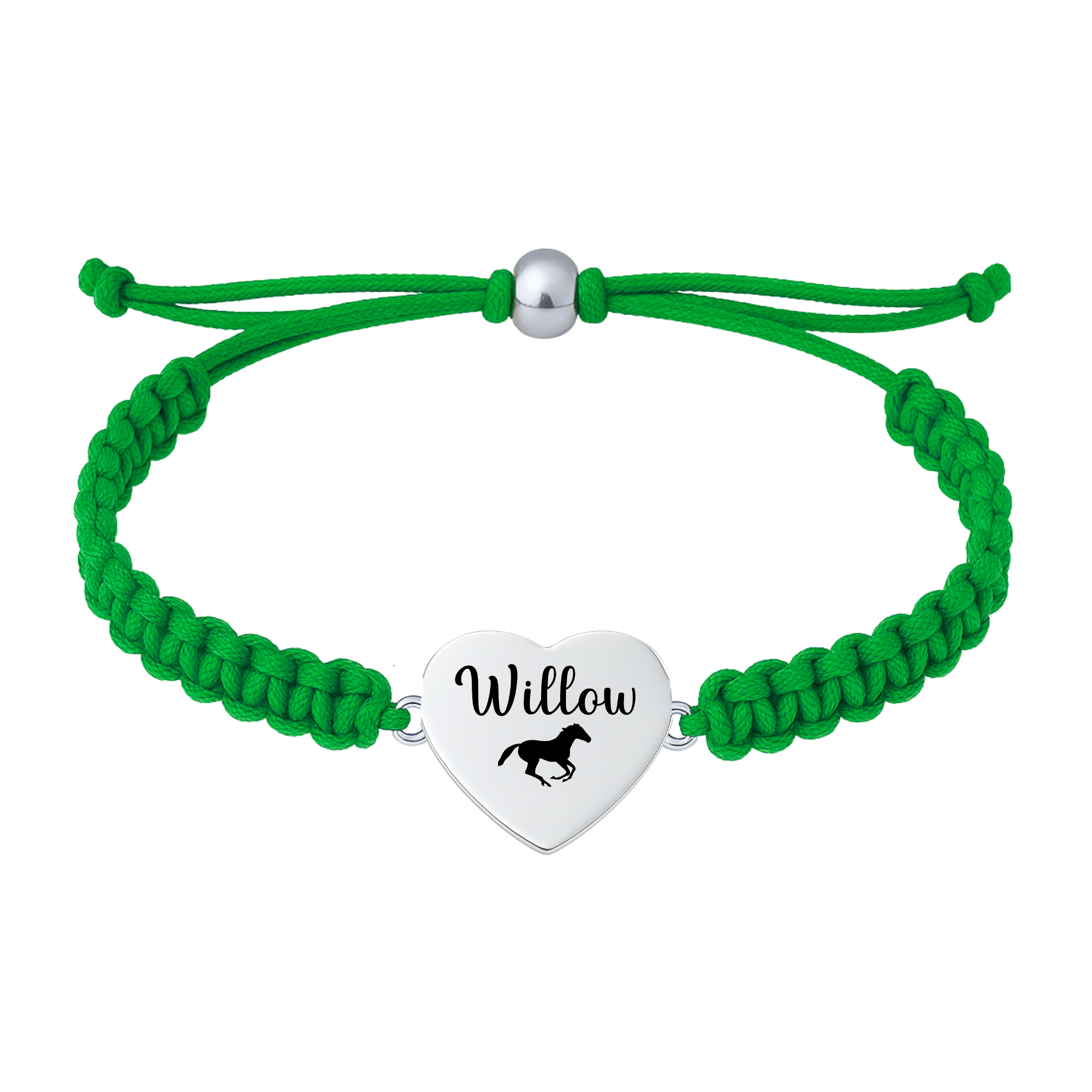 Kelly green rope bracelet with horse charm engraved name