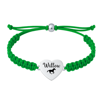 Kelly green rope bracelet with horse charm engraved name