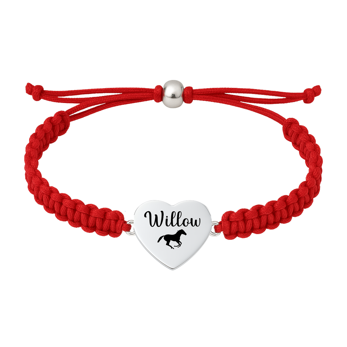 Red rope bracelet with name engraved on horse charm