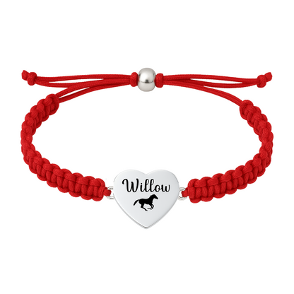 Red rope bracelet with name engraved on horse charm