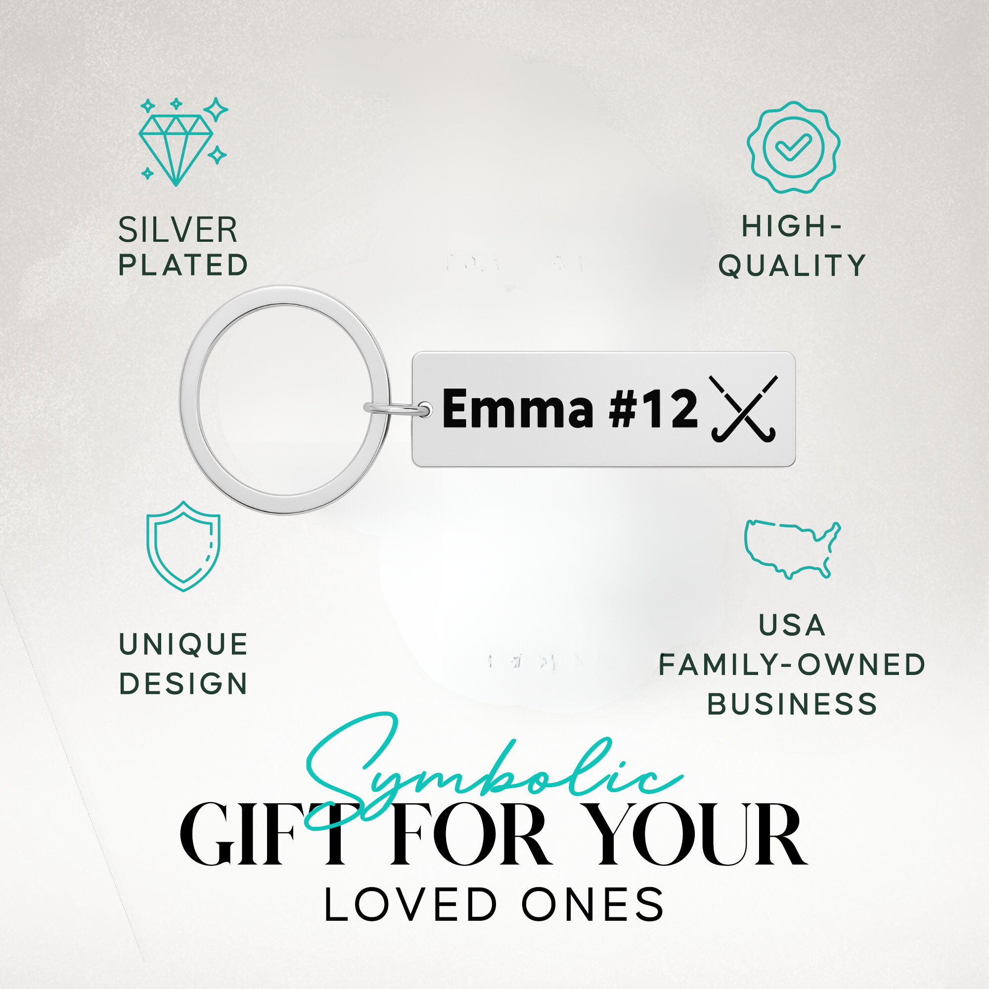 Personalized field hockey bar keychain with text highlighting unique gift idea and stainless steel durability
