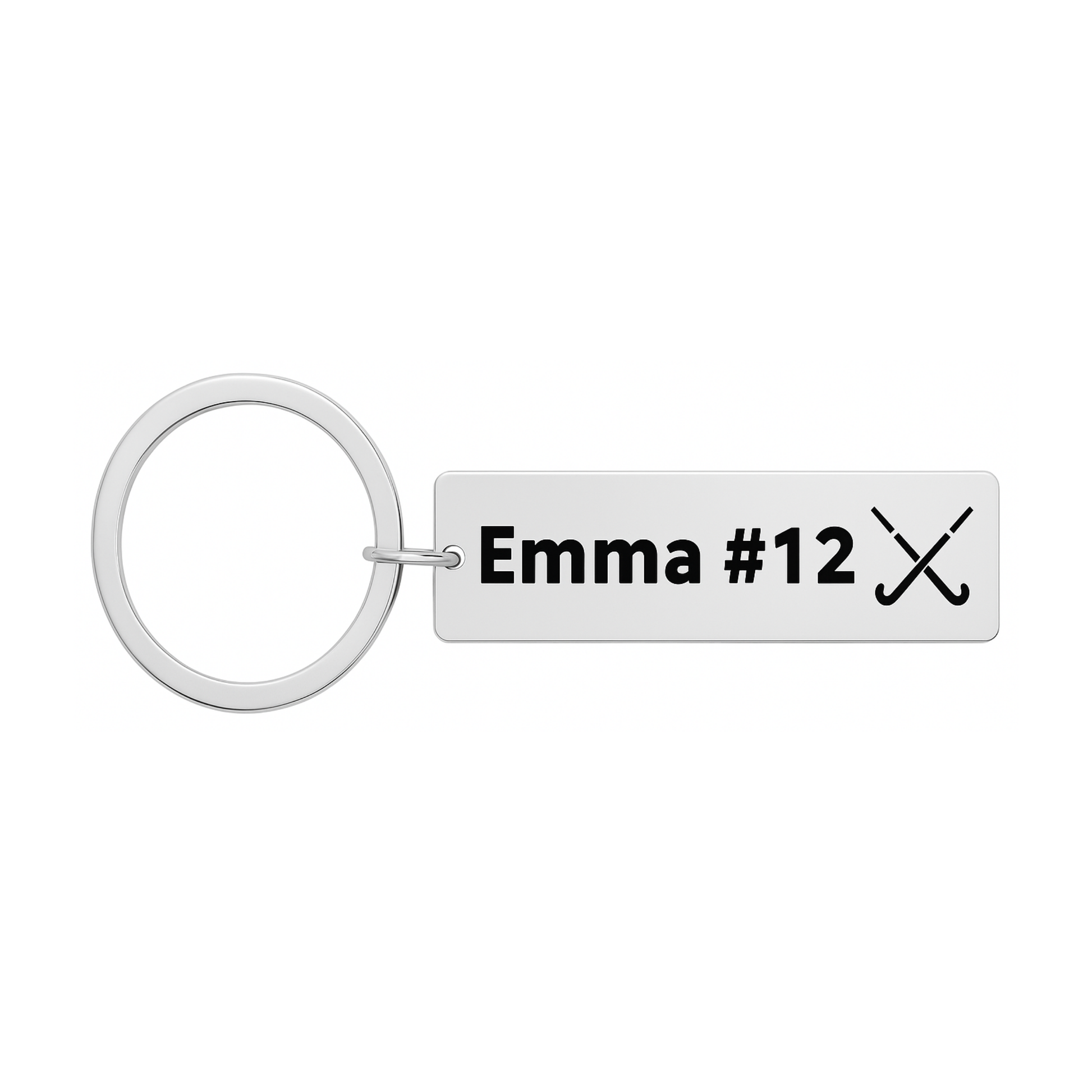 Stainless steel engraved field hockey bar keychain with crossed sticks design and custom name and number
