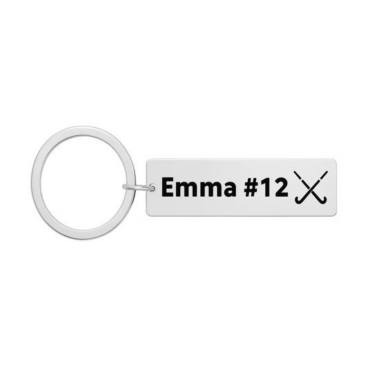 Stainless steel engraved field hockey bar keychain with crossed sticks design and custom name and number