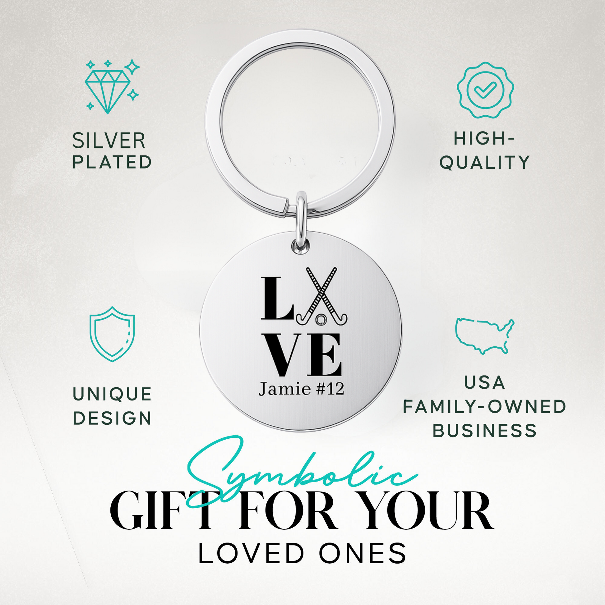 Personalized field hockey keychain in gift-ready packaging with engraved LOVE design