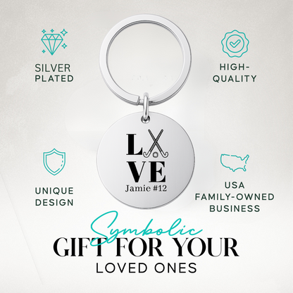 Personalized field hockey keychain in gift-ready packaging with engraved LOVE design