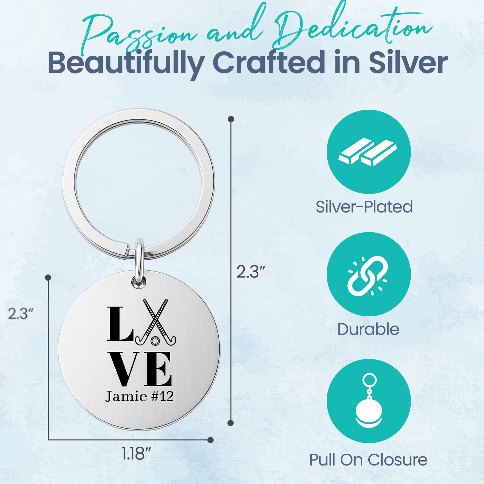 Gift card packaging for engraved field hockey LOVE keychain with silver charm and personalization