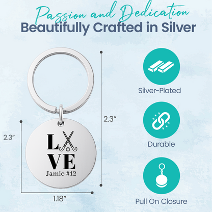 Gift card packaging for engraved field hockey LOVE keychain with silver charm and personalization