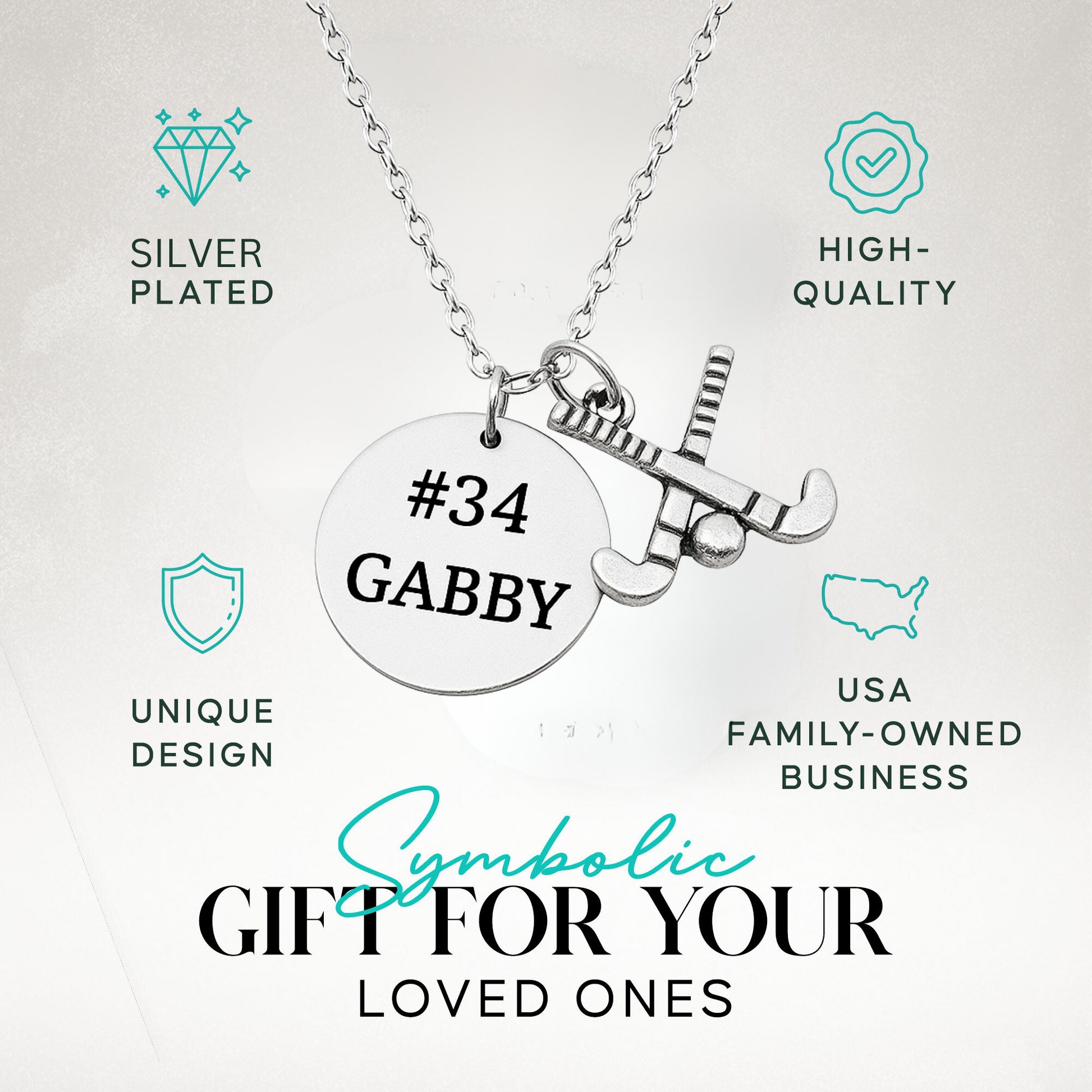 Personalized field hockey necklace in gift box with custom engraved disc and stick charm