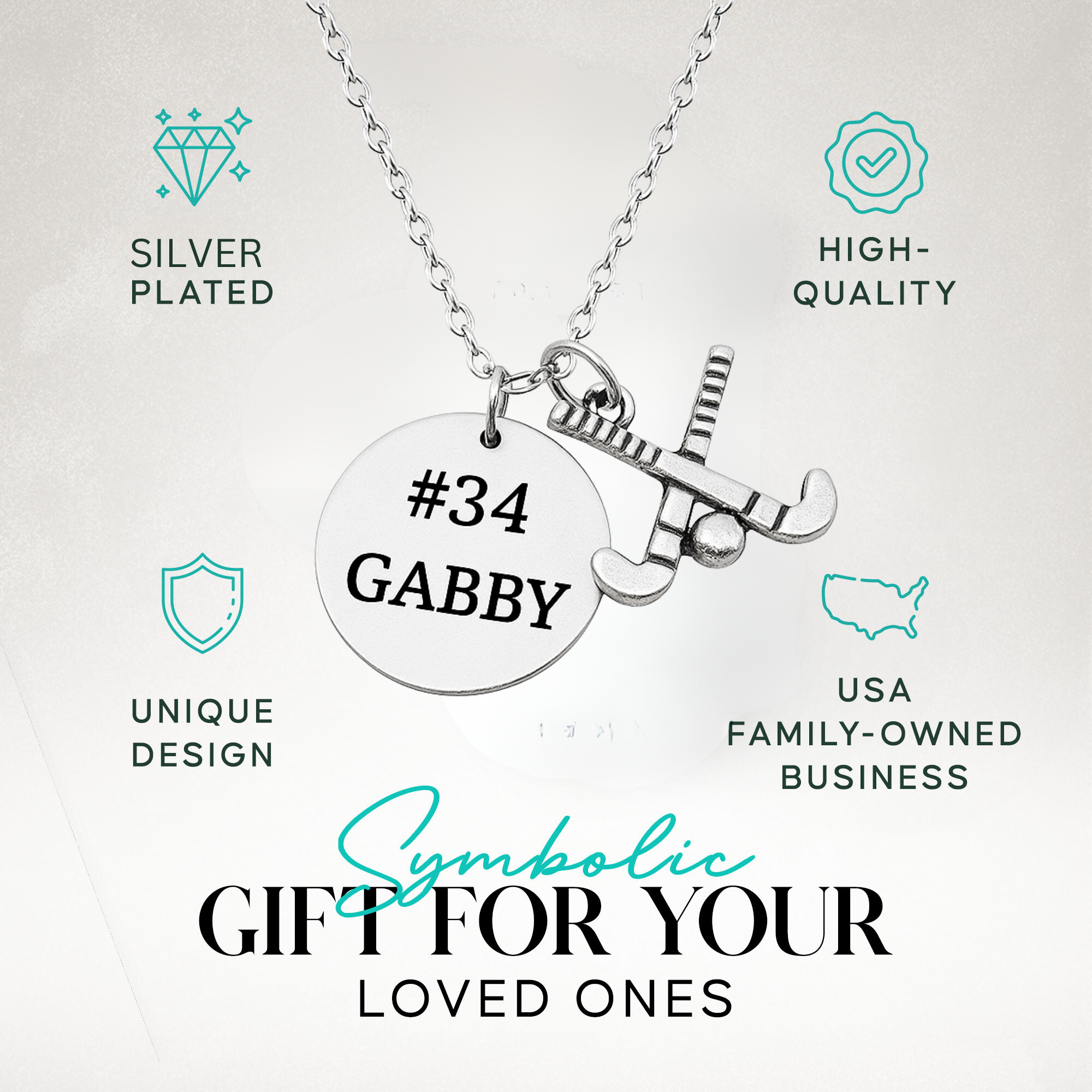 Personalized field hockey necklace in gift box with custom engraved disc and stick charm