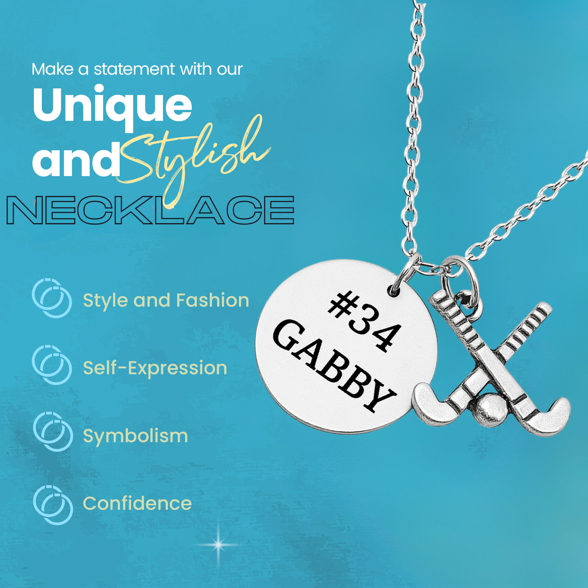 Gift-ready field hockey necklace set with engraved name and stick charm 