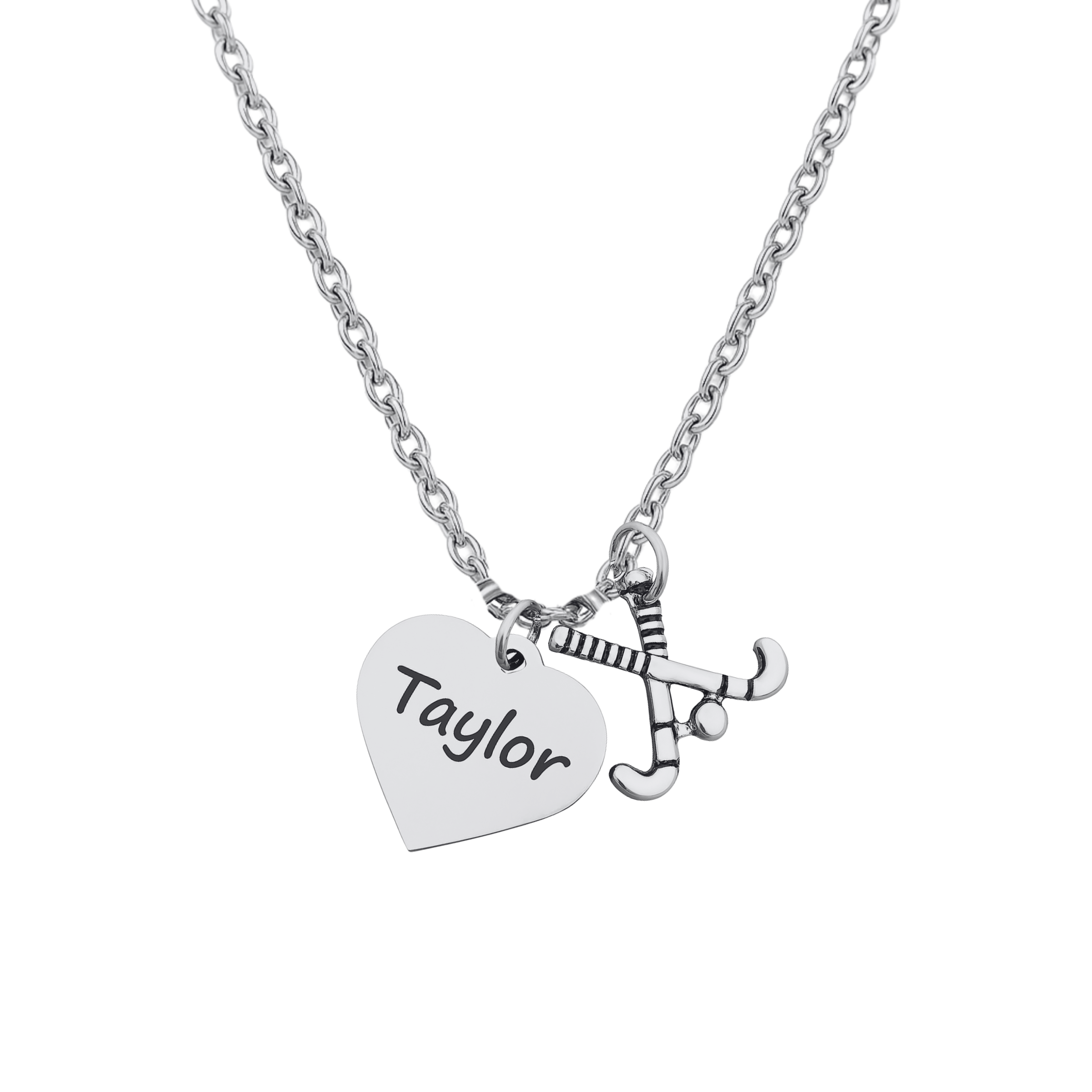 Custom engraved stainless steel necklace with field hockey charm and name 
