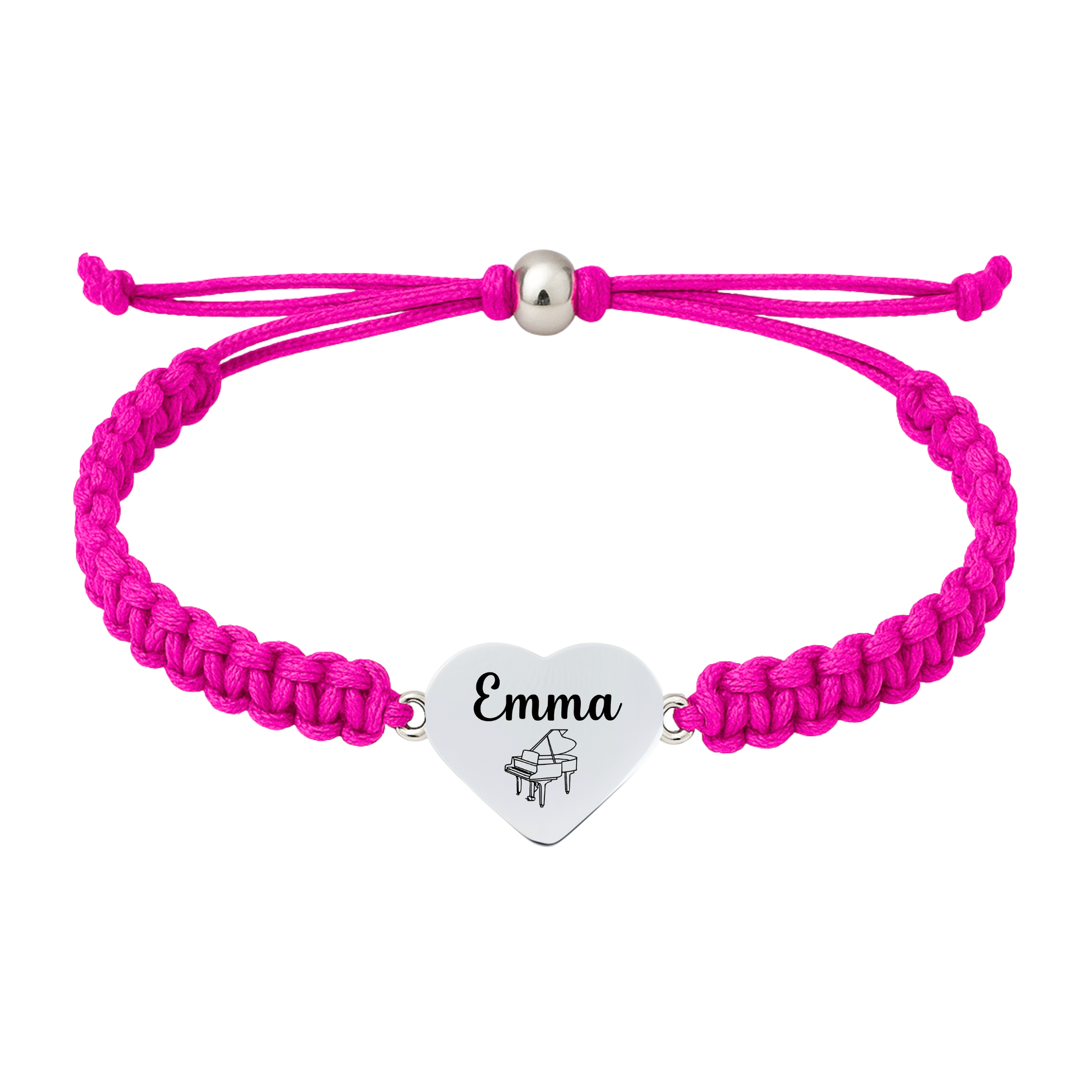 Hot pink bracelet with engraved stainless steel piano charm labeled