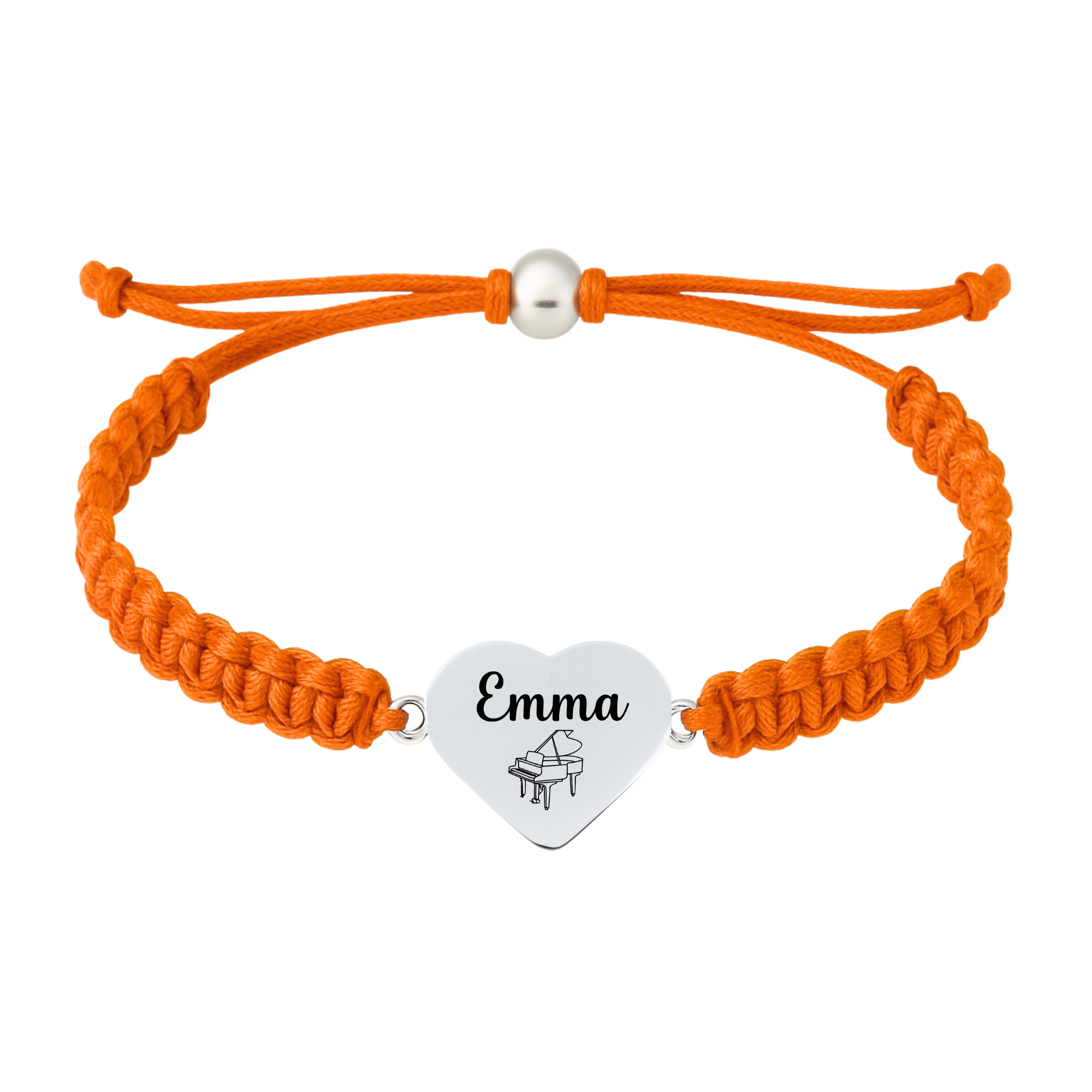Orange rope bracelet with adjustable fit and stainless steel piano charm