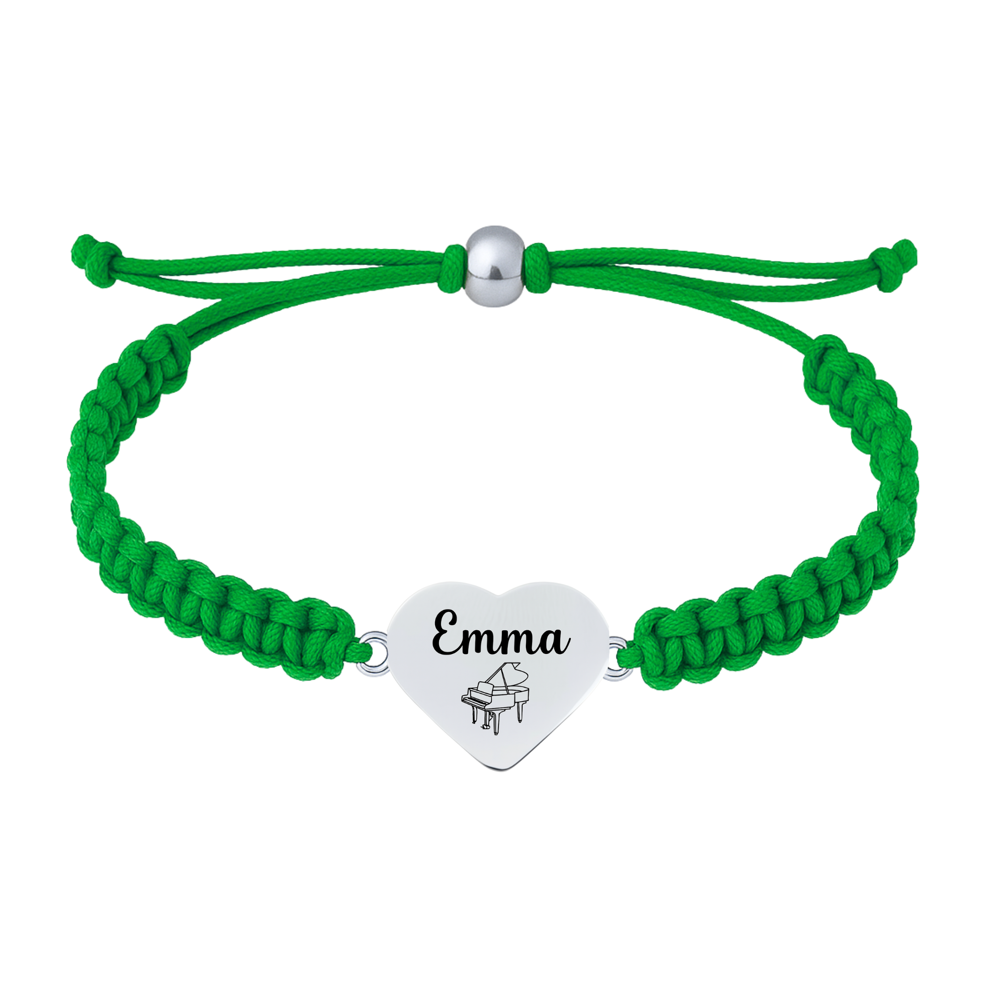Green adjustable bracelet with piano charm engraved with the name 
