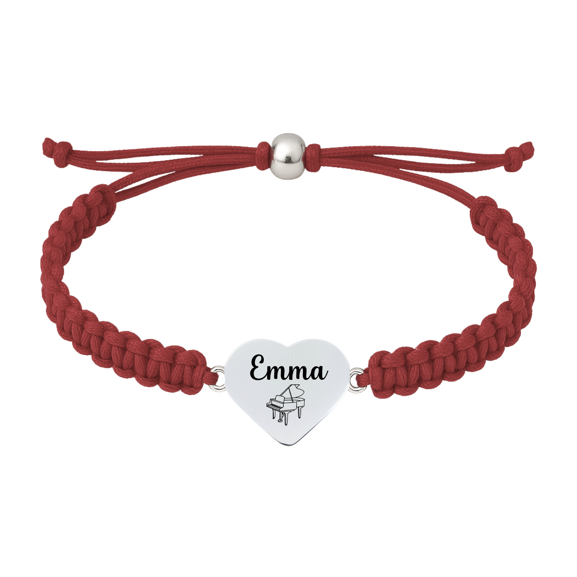 Maroon braided bracelet with piano heart charm for personalized gift