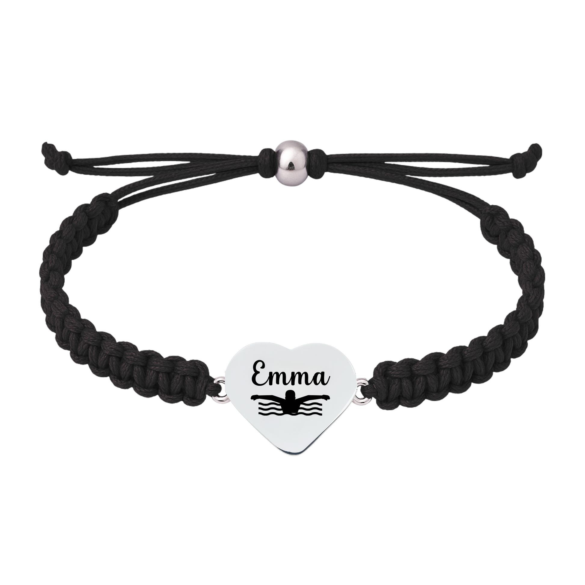 Black braided rope bracelet with personalized engraved heart charm for Tennis