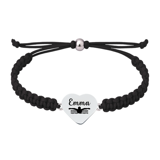 Black braided rope bracelet with personalized engraved heart charm for Tennis