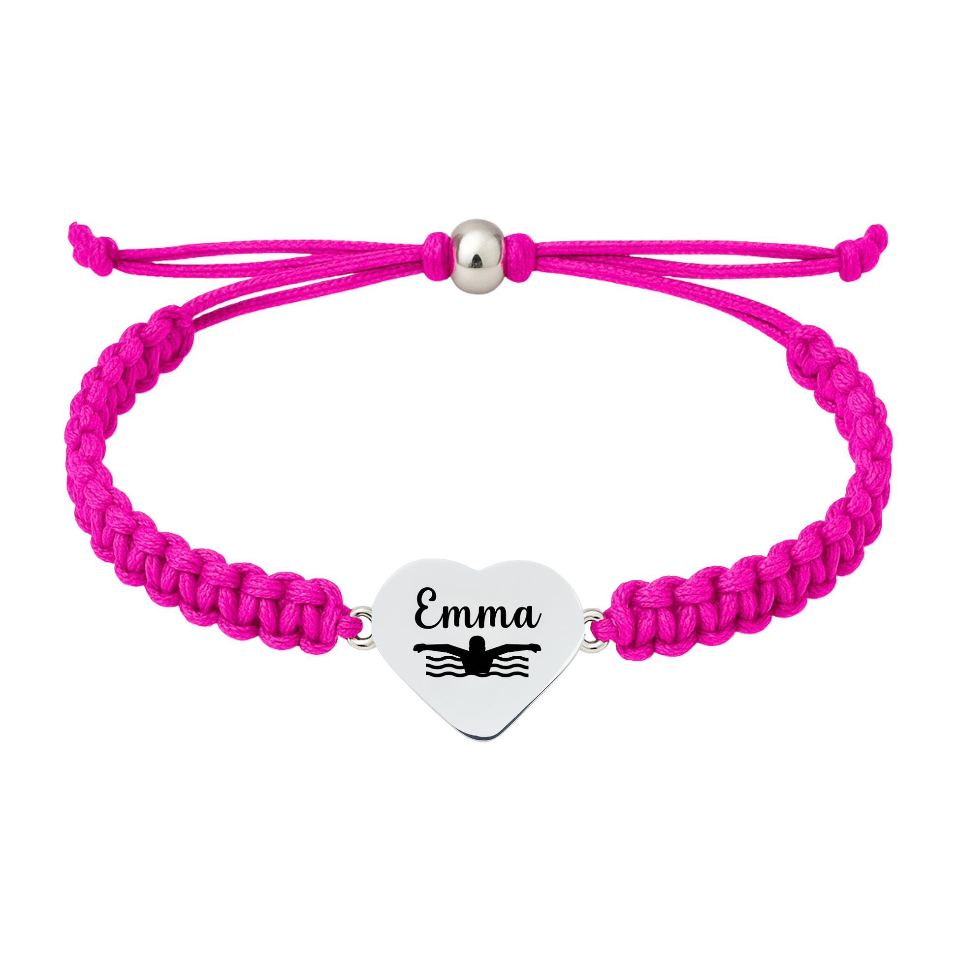 Hot pink swim bracelet with heart charm with name engraving