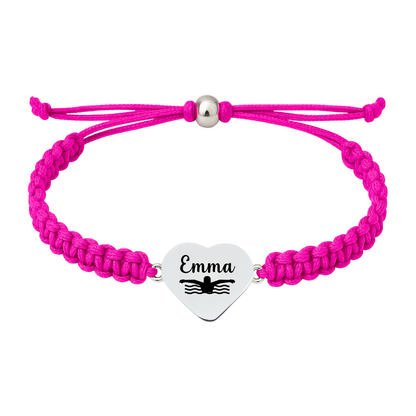 Hot pink swim bracelet with heart charm with name engraving