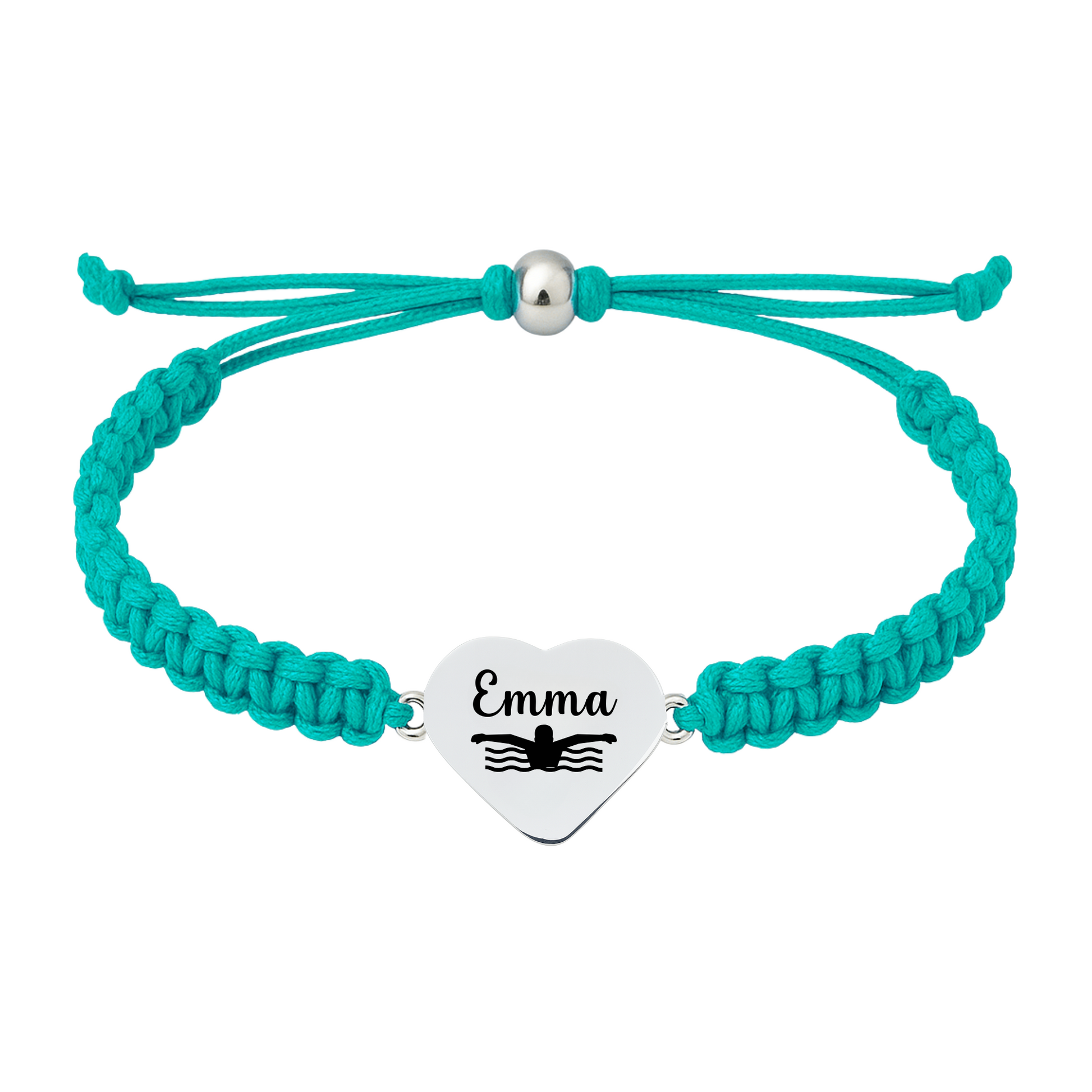 Teal swim bracelet with engraved heart charm

