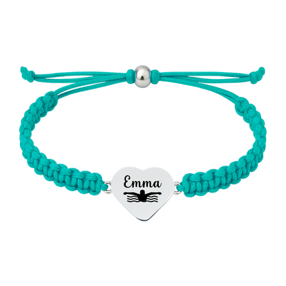 Teal swim bracelet with engraved heart charm

