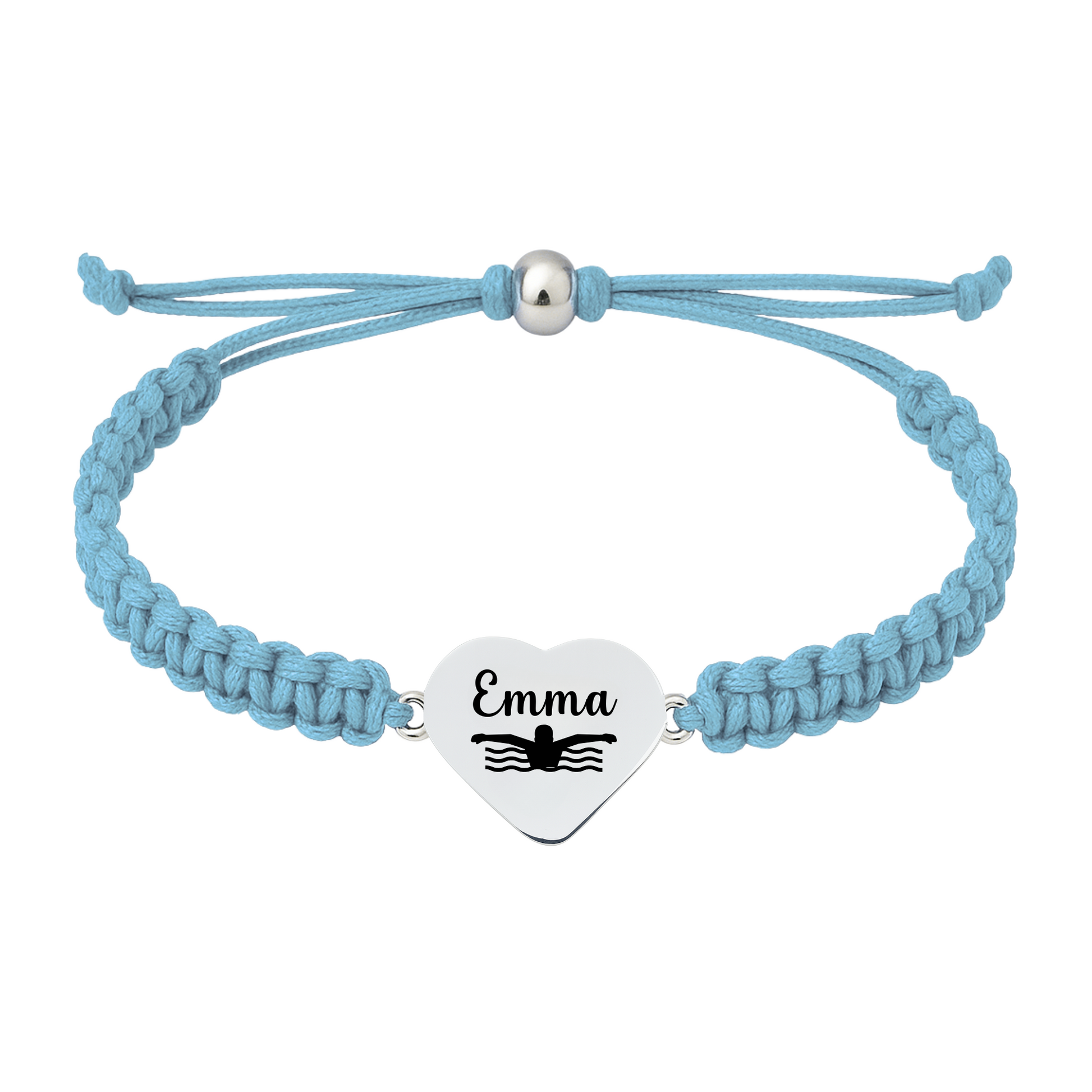 Light Blue braided rope bracelet with personalized engraved heart charm for Swimming