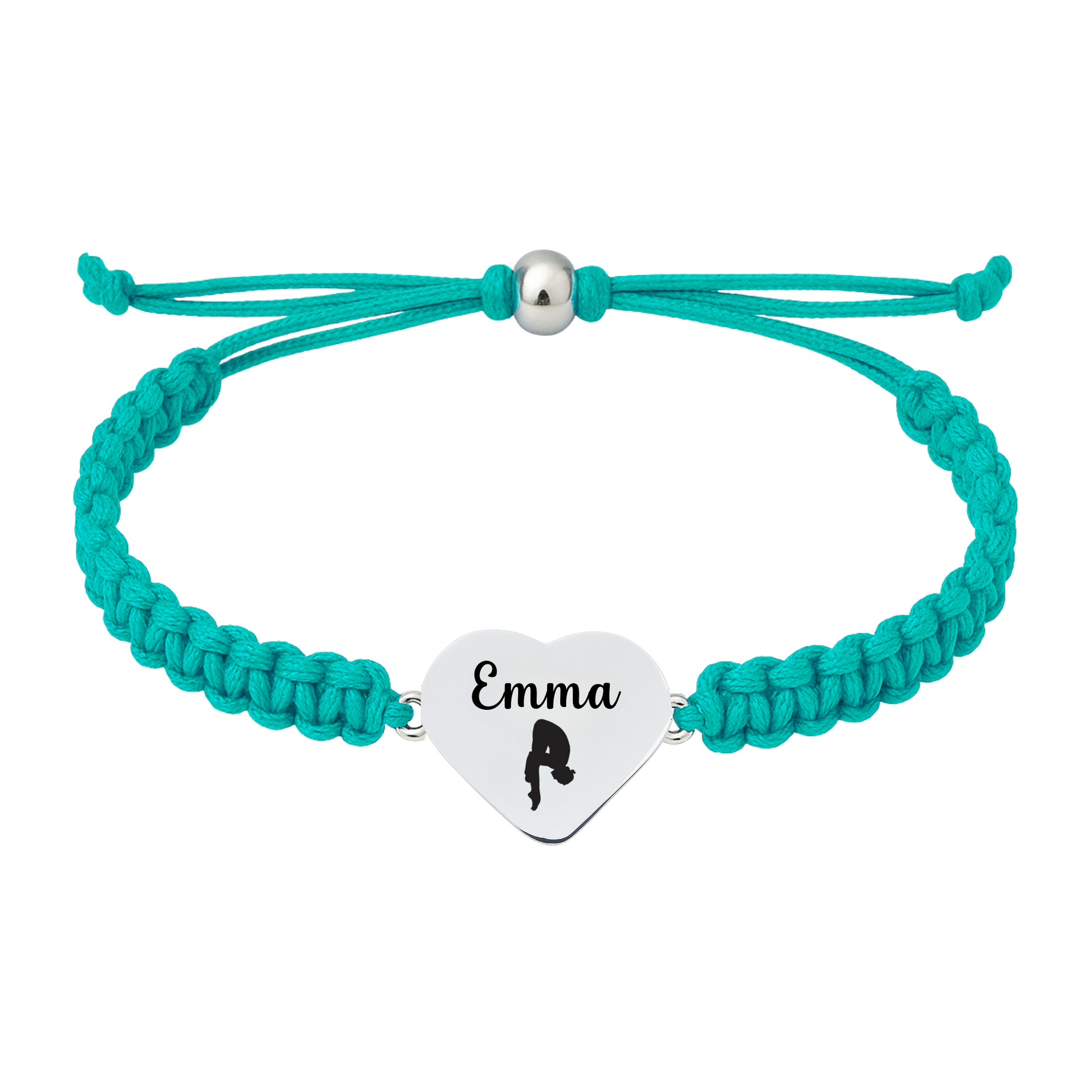 Teal braided rope bracelet with personalized engraved heart charm for swimmer