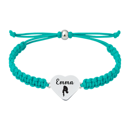 Teal braided rope bracelet with personalized engraved heart charm for swimmer
