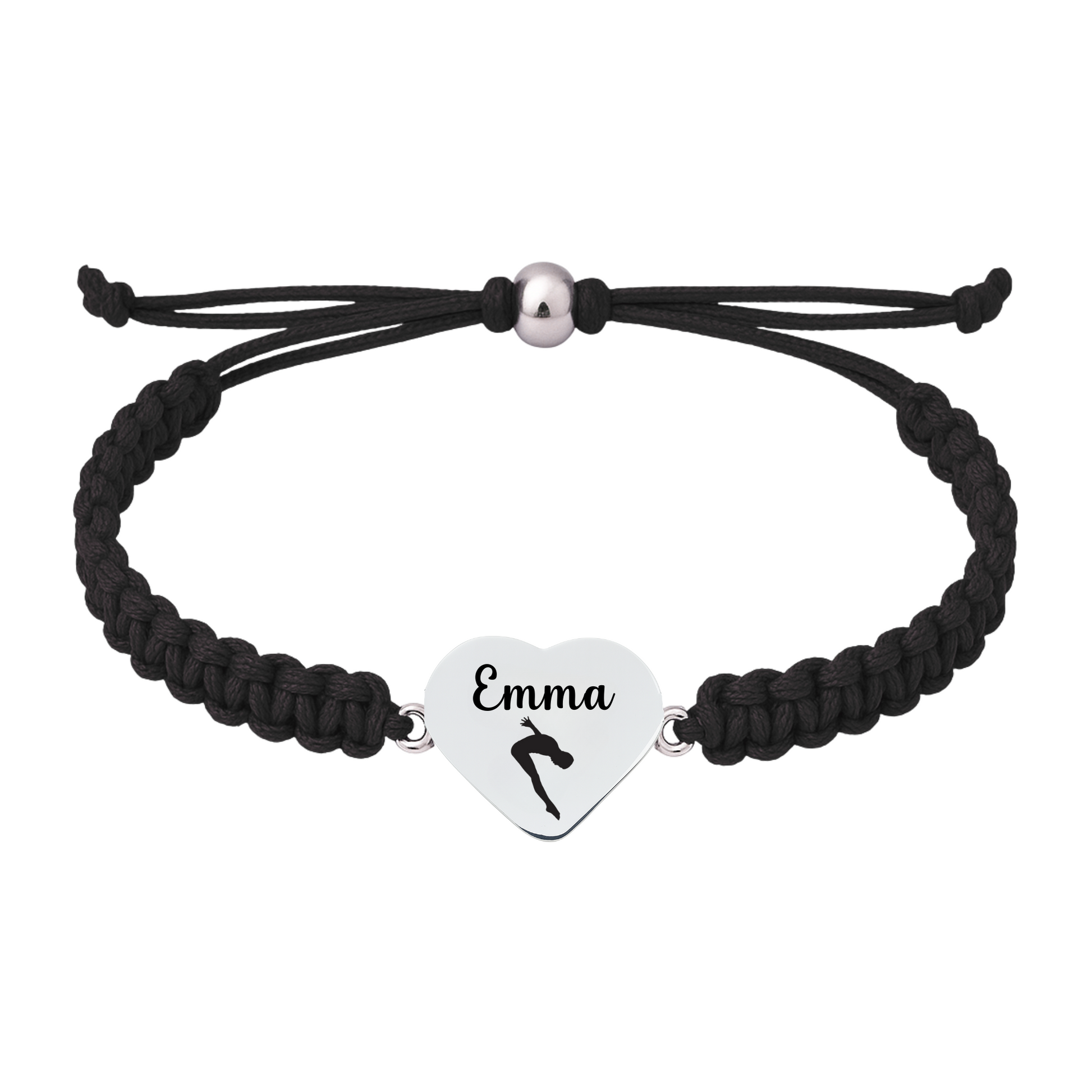Black braided rope bracelet with personalized engraved heart charm for Swimming