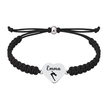 Black braided rope bracelet with personalized engraved heart charm for Swimming